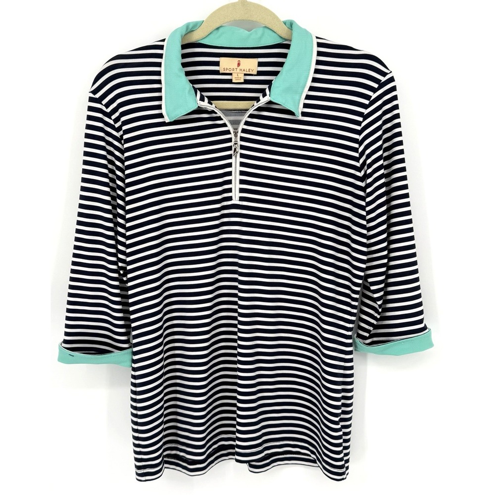 SPORT HALEY Golf Quarter Zip Shirt L Blue Striped Stretchy‎ Pickleball Tennis